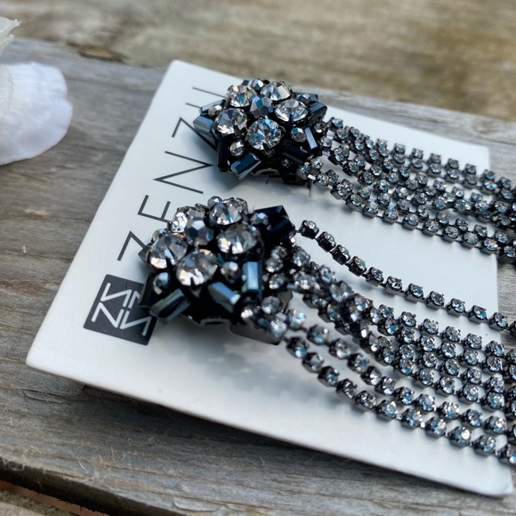 NWT ZENZII BLACK CRYSTAL TASSEL CLIP DROP EARRINGS - Picture 2 of 5